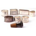 Mixed Lot: 7 various silver napkin rings, to include Victorian buckle example, engraved "Charlotte",