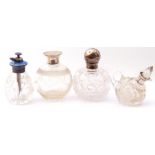 Mixed Lot: two glass globular shaped scent bottles with hallmarked silver screw on lids, a glass