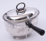 Silver plated oval two-section lidded pan with ebonised handle and slotted lid by Hukin & Heath,