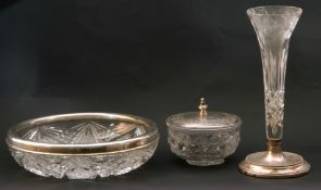 Mixed Lot: cut glass vase on a silver loaded base, Birmingham 1992, cut glass salad bowl with a