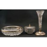 Mixed Lot: cut glass vase on a silver loaded base, Birmingham 1992, cut glass salad bowl with a
