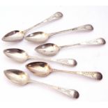 Set of six George III silver tea spoons, Old English pattern with bright cut decoration, London