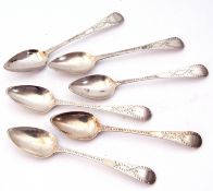 Set of six George III silver tea spoons, Old English pattern with bright cut decoration, London