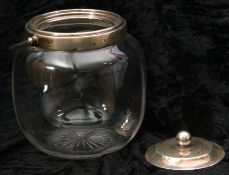 George V glass and silver biscuit barrel with swing handle, the detachable lid with BF mount and