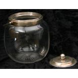 George V glass and silver biscuit barrel with swing handle, the detachable lid with BF mount and