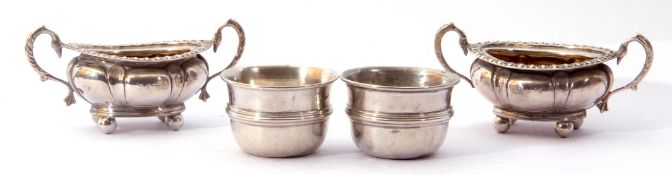 Mixed Lot: pair of Victorian twin handled salts of oval form, each with gadrooned rims and swan