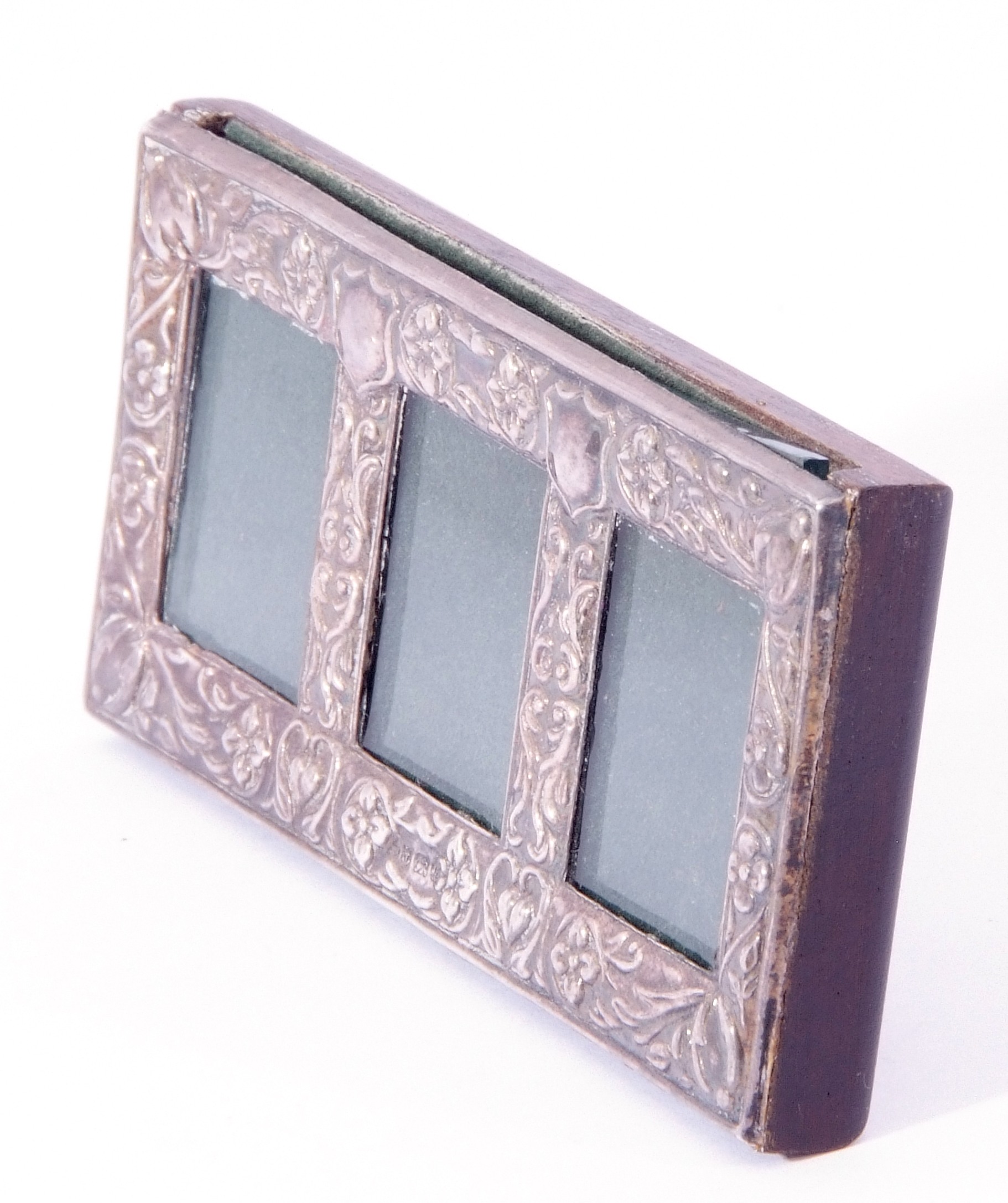 Elizabeth II silver triple glazed photo/stamp frame, embossed decorated with shields, flowers and - Image 2 of 4