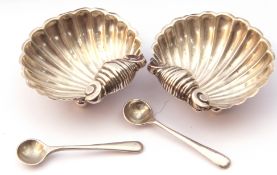 Cased pair of Victorian silver shell salts, Birmingham 1900, maker's mark William Henry Leather,