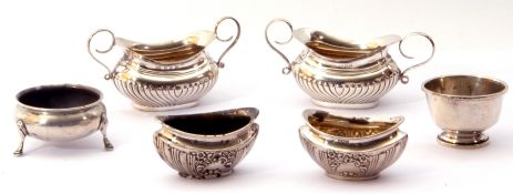 Mixed Lot: pair of twin handled oval salts, fluted decoration, Birmingham 1924, two boat shaped oval