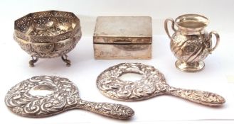 Mixed Lot: Continental white metal bowl, elaborately decorated with animals, trees etc, a twin