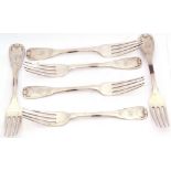 Six Scottish antique silver table forks, shell & thread pattern, each fork has a stylised initial to