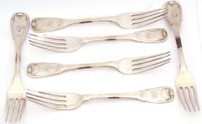 Six Scottish antique silver table forks, shell & thread pattern, each fork has a stylised initial to