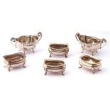 Mixed lot. Set of four oval open salts of rectangular form with card cut rims on four feet, hall