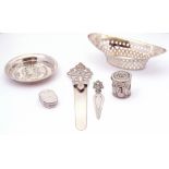 Mixed Lot: Victorian silver bon-bon dish of pierced oval form, Sheffield 1895, two Continental white