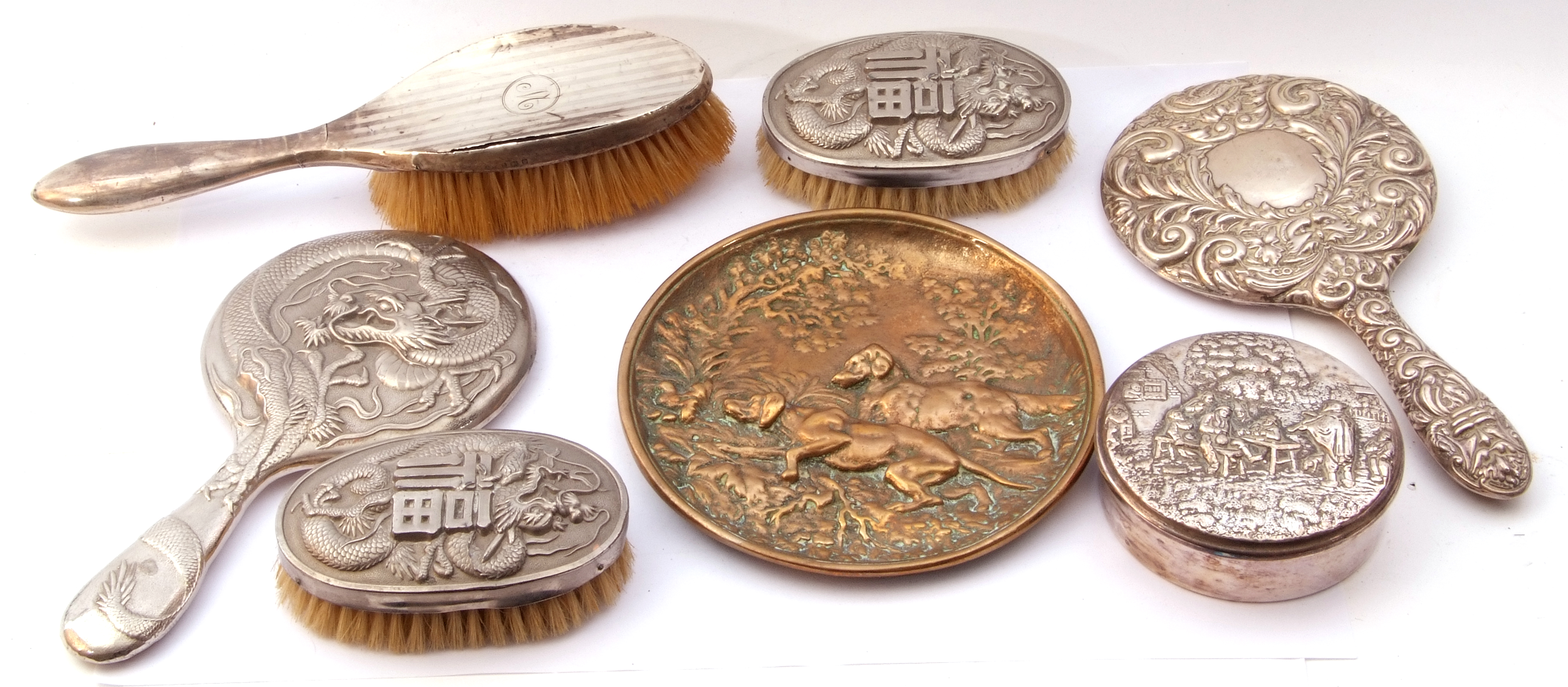 Mixed Lot: silver backed hand mirror and hair brush (a/f), an Oriental metal backed hand mirror - Image 2 of 2