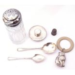 Mixed lot. Mid 20th Century silver baby's rattle/teether, a naturalistic design of a seated cat,