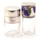 Mixed lot (2). Silver and enamelled top cylindrical glass scent bottle, the hinged lid with a purple