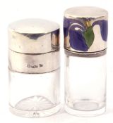 Mixed lot (2). Silver and enamelled top cylindrical glass scent bottle, the hinged lid with a purple