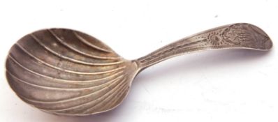William IV silver caddy spoon, with large shell bowl, chased and engraved handle, London 1832,