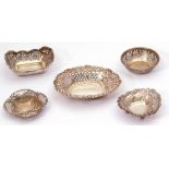 Mixed lot (4). bon-bon dishes, hall marked silver, one white metal example, each pierced and