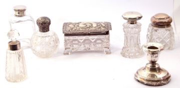 Mixed Lot: six various silver mounted lidded glass dressing table bottles/boxes and a silver encased