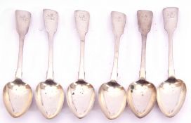 Set of six Irish silver Fiddle pattern dessert spoons, each engraved with a crowned lion, hall