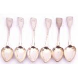 Set of six Irish silver Fiddle pattern dessert spoons, each engraved with a crowned lion, hall