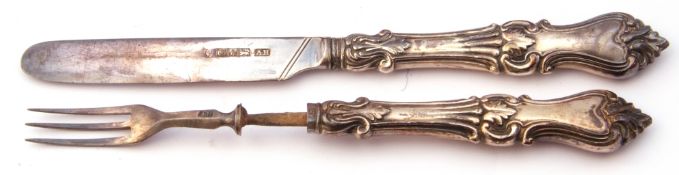 Cased Victorian silver child's knife and fork, the knife blade hallmarked 1844, maker's mark A.H.,
