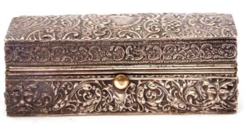 Edward VII silver curling tongs box of rectangular form, heavily embossed with scrolls and marks