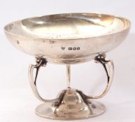 George V silver bon-bon dish, the circular shallow dish supported on three art nouveau style handles