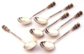 Cased set of six white metal tea spoons each with thistle top, twisted stems and round bowls, made