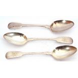 Group of three silver Fiddle pattern tablespoons, two Victorian, hall marked London 1845, makers