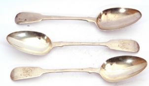 Group of three silver Fiddle pattern tablespoons, two Victorian, hall marked London 1845, makers