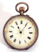 First quarter of 20th century ladies white metal cased fob watch with button wind, having blued