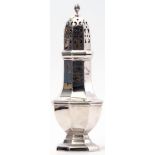 George VI baluster sugar caster of octagonal form, the panelled domed lid pierced and with a