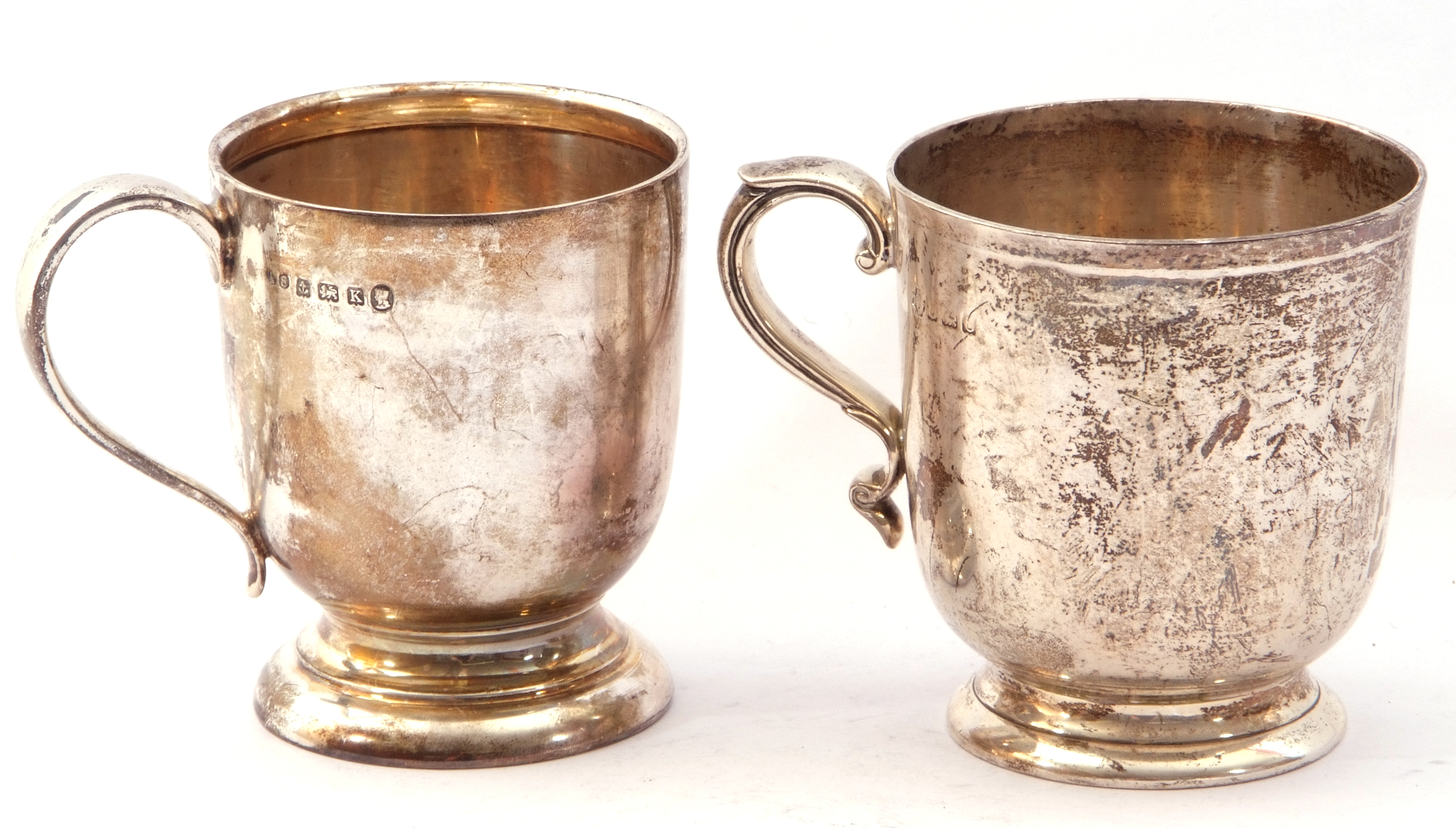 Mixed lot (2). George V baluster mug, plain polished design, engraved with initials, scroll handle