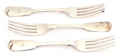 Group of three Victorian fiddle pattern table forks, each engraved with the letter W, two hall