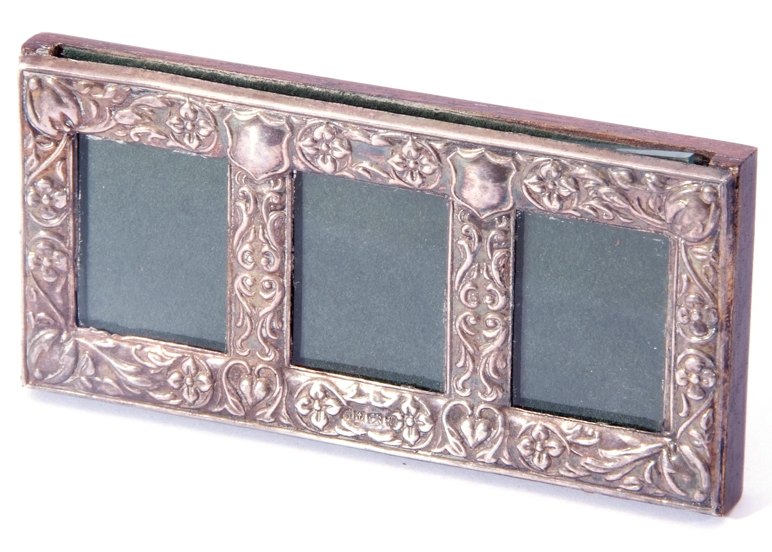 Elizabeth II silver triple glazed photo/stamp frame, embossed decorated with shields, flowers and - Image 4 of 4