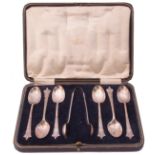 Cased set of George V Albany pattern tea spoons and tongs, Sheffield 1924, maker's mark John