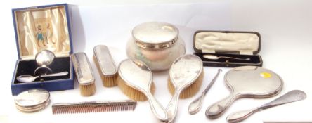 Mixed Lot: silver backed dressing table wares to include two hair brushes, two clothes brushes, a