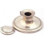 Edward VII silver capped inkwell, domed lid and base with reeded edges, hall marked Chester 1910,