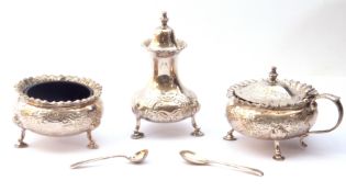 Cased silver condiment set of compressed circular form comprising a hinged lidded mustard, open