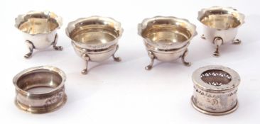 Mixed Lot: pair of small silver cauldron salts with a wavy rim design, Chester assay, marks