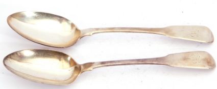 Pair of George III silver Fiddle pattern tablespoons, each spoon engraved with a stylised H, hall