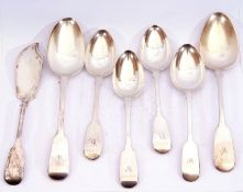 Mixed lot of silver flatware, including two Georgian fiddle pattern tablespoons, tjree Victorian and