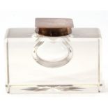 Large glass and silver inkwell of rectangular form having square hinged lid with circular collar,