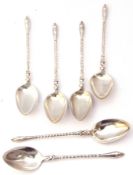 Six Continental white metal tea spoons with twist stems and hoof finials, 38.7gms