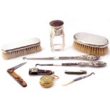 Mixed lot. two silver small backed dressing-table brushes, engine turned detail, hall marked