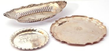 Mixed Lot: hallmarked silver card salver with Chippendale style rim, presentation engraving,