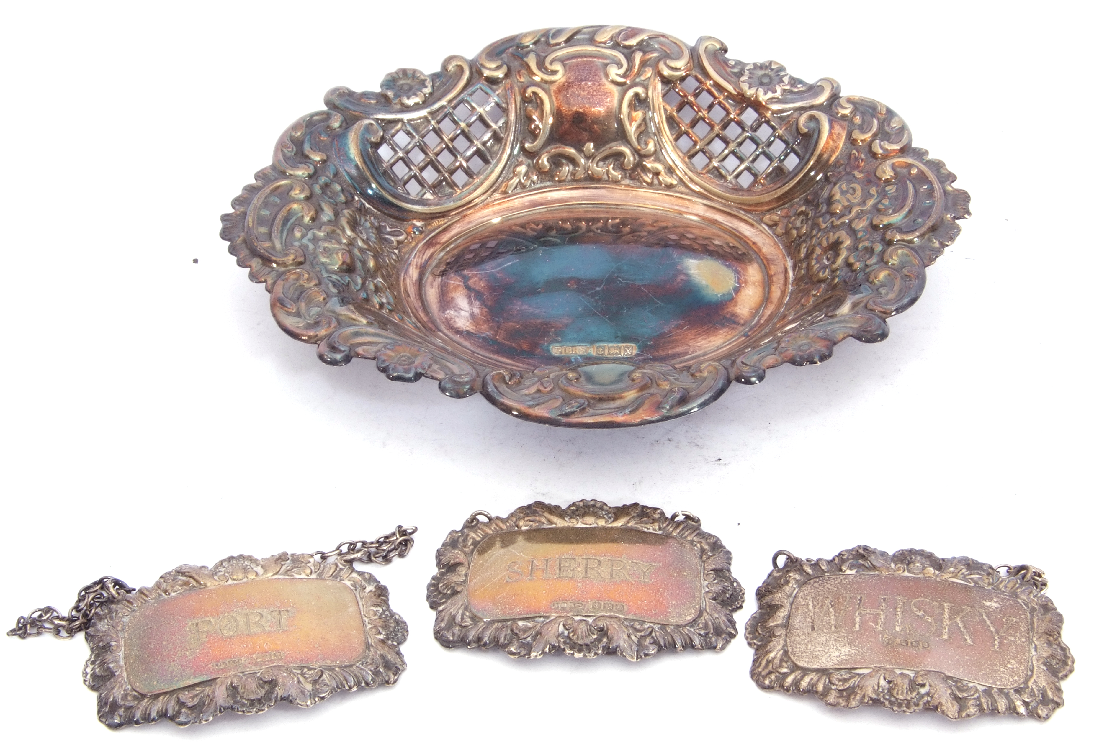 Mixed lot. silver bon-bon dish of oval pierced form, scroll and floral embossed, hall marked